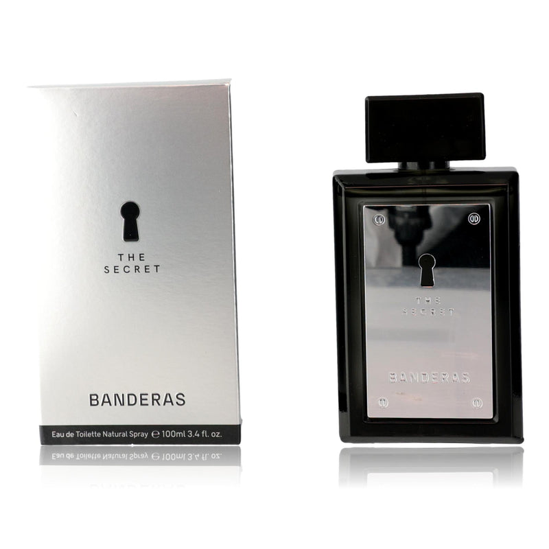 Antonio Banderas The Secret 3.4 oz men's EDT spray bottle with sleek packaging and cap, ready for use.