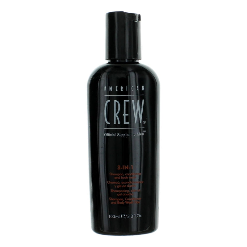 American Crew 3-in-1 shampoo, conditioner, and body wash in a 3.3oz bottle, designed for men's grooming.