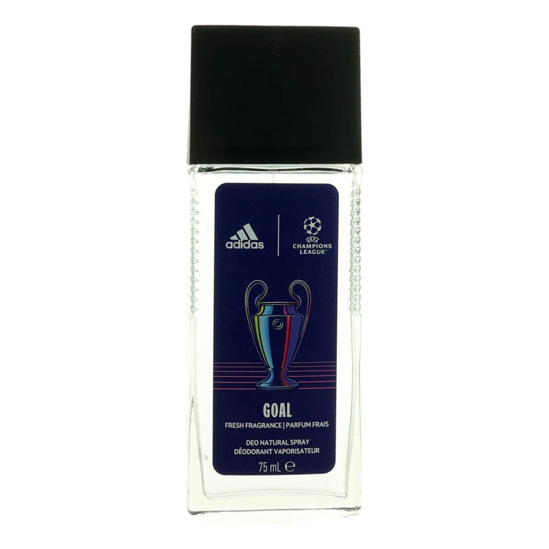 Adidas UEFA Champions League Goal 2.5oz natural spray deodorant for men, featuring sleek packaging and branding.