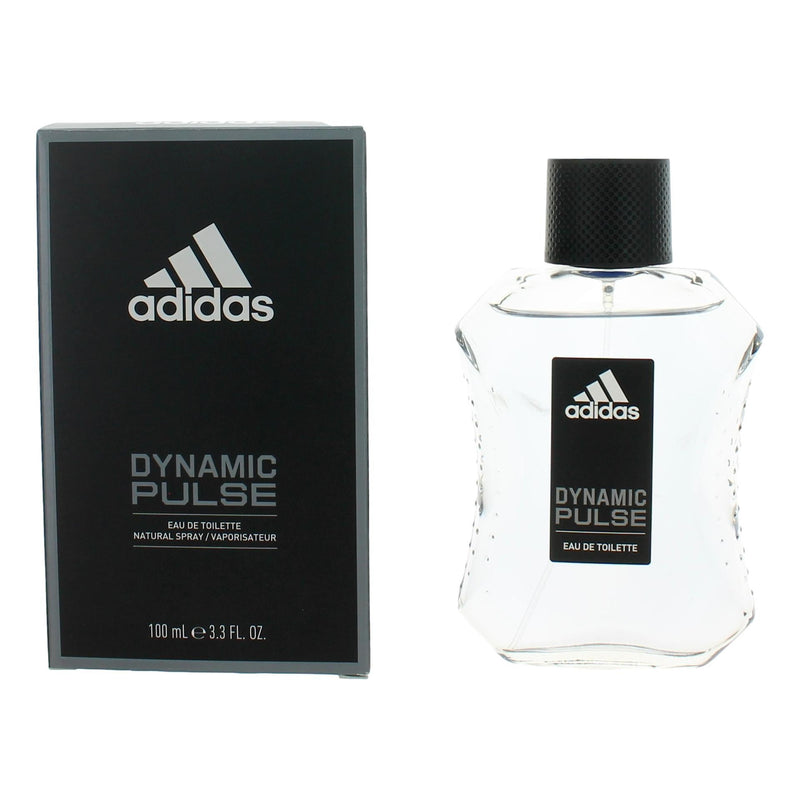 Adidas Dynamic Pulse men’s 3.4 oz EDT spray bottle with sleek design, featuring the brand logo and blue accents.