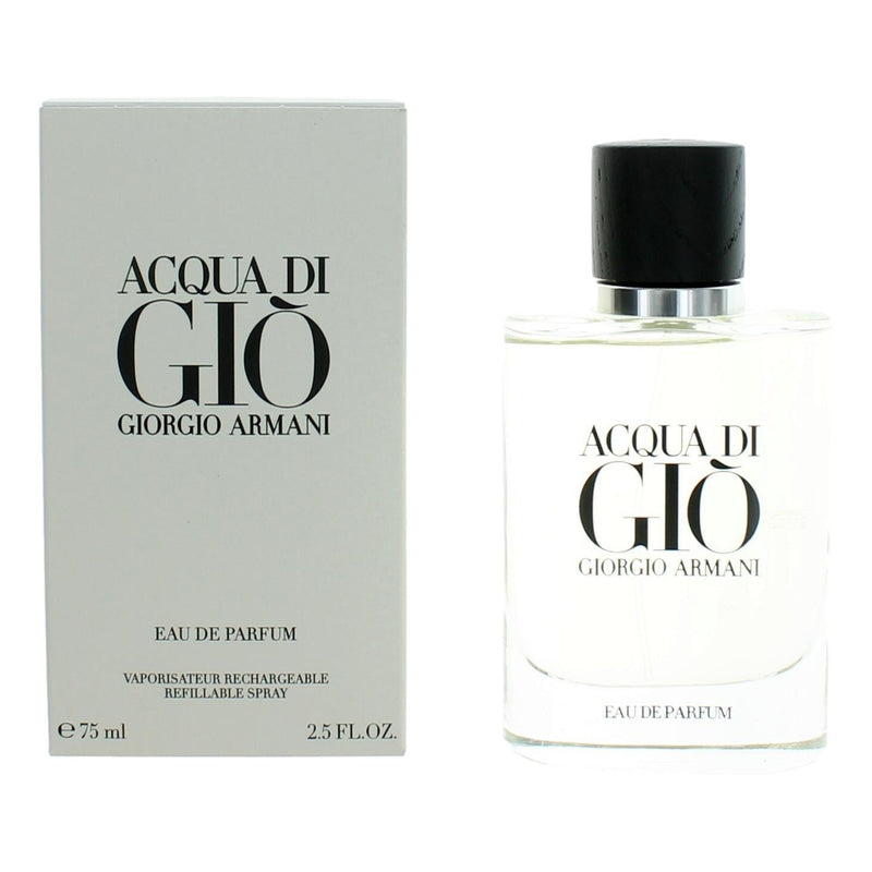 Giorgio Armani Acqua Di Gio 2.5 oz men's refillable EDP spray, elegant fragrance bottle with silver cap and clear glass.