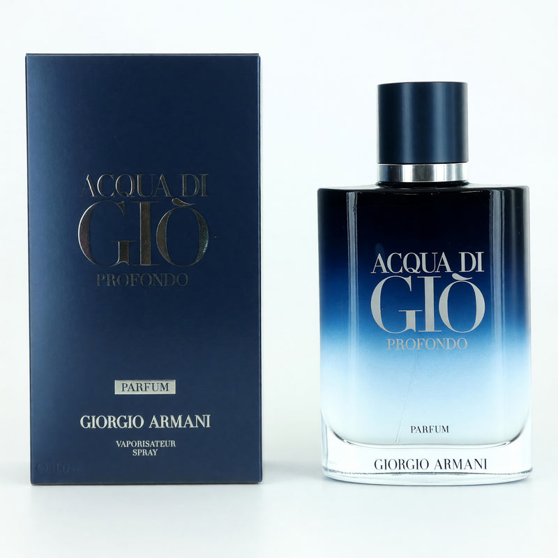 Giorgio Armani Acqua Di Gio Profondo 3.4 oz parfum spray for men, shown in a sleek bottle with a metallic finish.