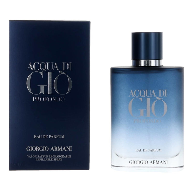 Giorgio Armani Acqua Di Gio Profondo 3.3 oz men's EDP spray bottle with sleek packaging and clear branding.