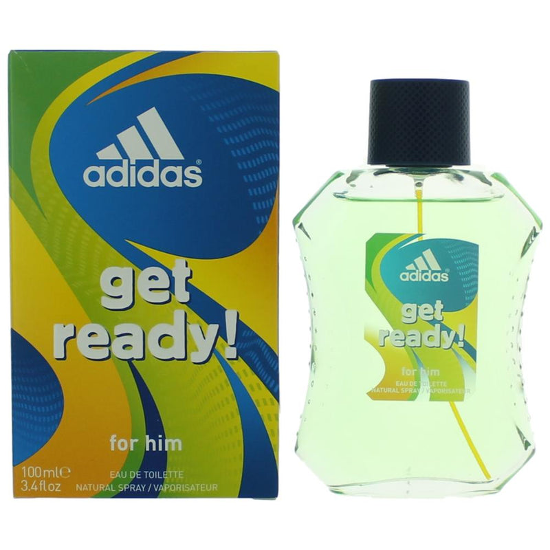 Adidas Get Ready men's 3.4 oz EDT spray bottle with blue and white packaging, featuring the Adidas logo.