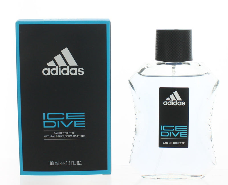 Adidas Ice Dive men's 3.4 oz EDT spray bottle with sleek blue and silver design, showcasing the fragrance product.