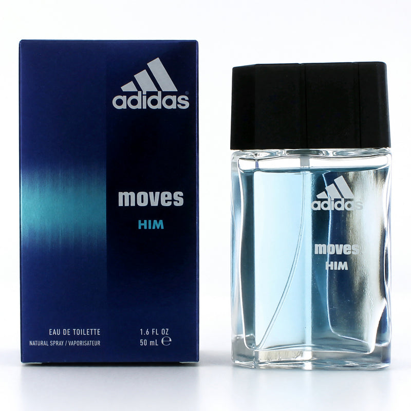 Adidas Moves men's 1.6 oz EDT spray bottle with sleek packaging, showcasing the physical fragrance for men.