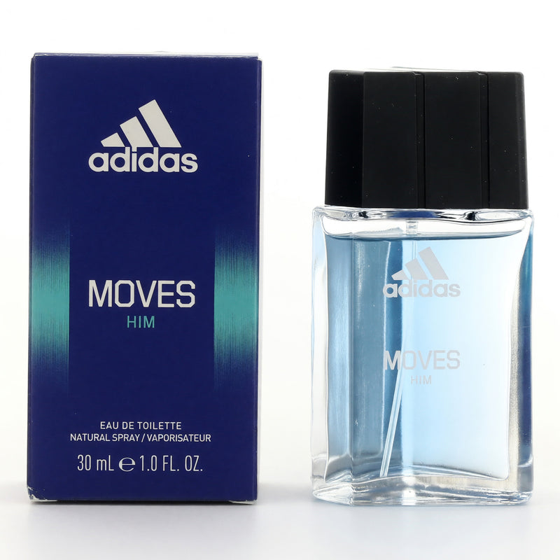 Adidas Moves men's 1 oz EDT spray bottle with sleek design, showcasing the physical fragrance for active, sporty men.