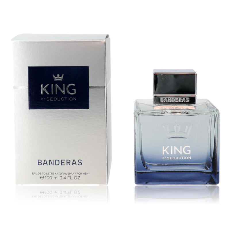 Antonio Banderas King of Seduction 3.4 oz men's EDT spray bottle with sleek packaging and blue accents.