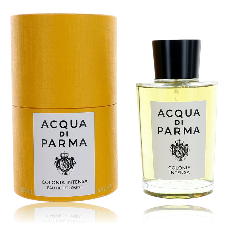 Acqua Di Parma Colonia Intensa 6oz Eau de Cologne spray for men, featuring a sleek glass bottle with a silver cap.