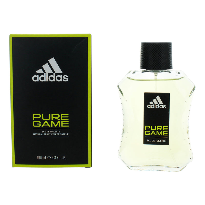 Adidas Pure Game men's 3.4 oz EDT spray bottle, featuring sleek packaging with a modern design.