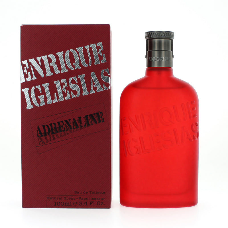 Coty Adrenaline men's 3.4 oz EDT spray bottle with sleek design, featuring the Enrique Iglesias fragrance label.