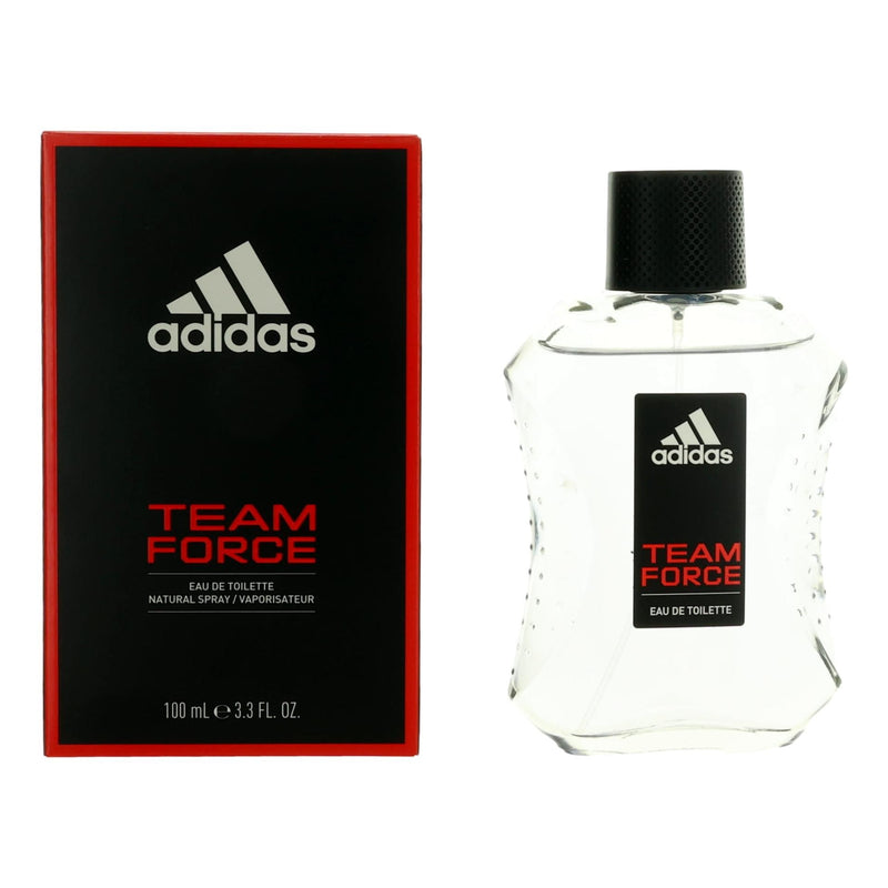 Adidas Team Force men's 3.4 oz EDT spray bottle with sleek design and branding, ready for application.