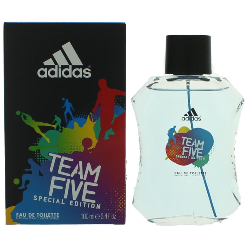 Adidas Team Five men's 3.4 oz EDT spray bottle with sleek design and label, showcasing the Adidas brand logo.