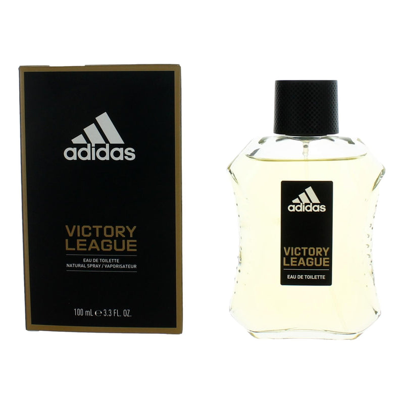 Adidas Victory League men's 3.4 oz EDT spray bottle with sleek design and Adidas branding on the packaging.
