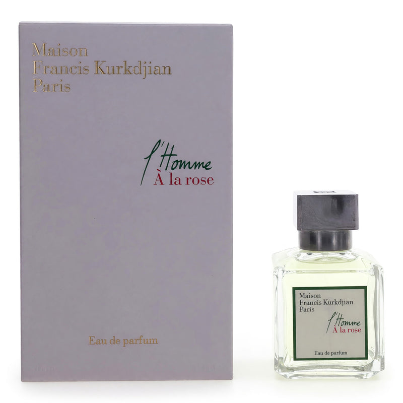 Maison Francis Kurkdjian L'Homme A La Rose 2.4oz men's EDP spray bottle with a sleek design and elegant fragrance presentation.