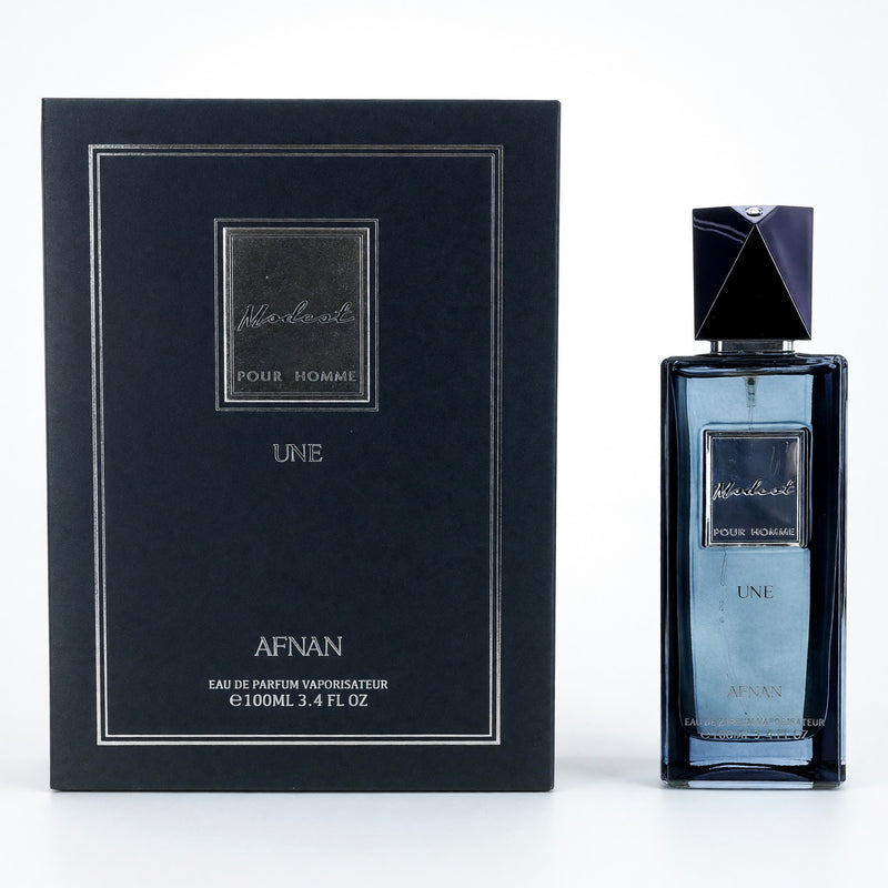 Afnan Modest Une 3.4 oz men's EDP spray bottle with sleek packaging and elegant design.