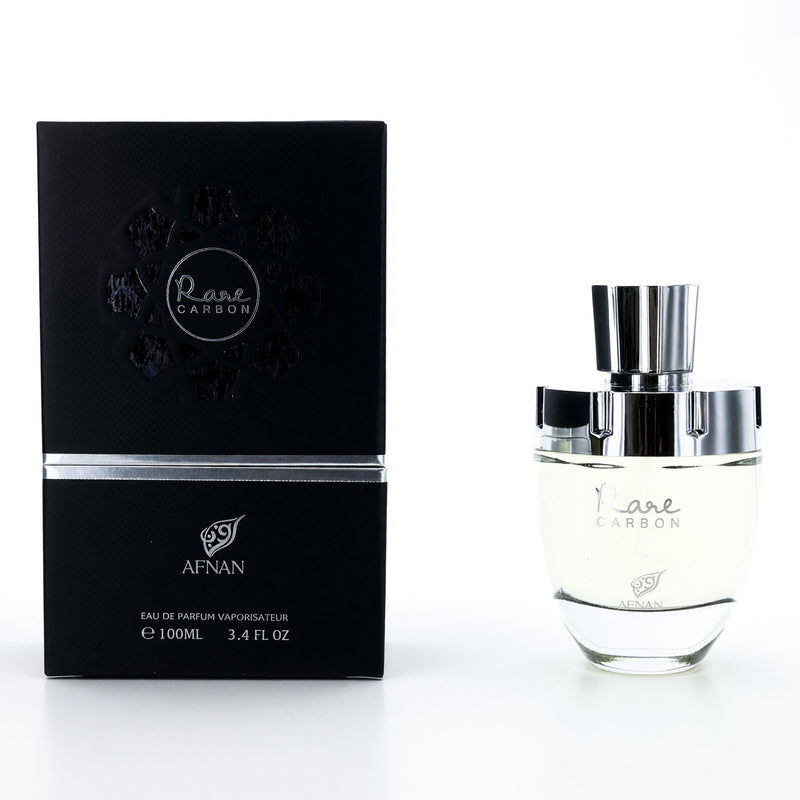 Afnan Rare Carbon 3.4 oz men's EDP spray bottle with sleek black packaging and silver accents.