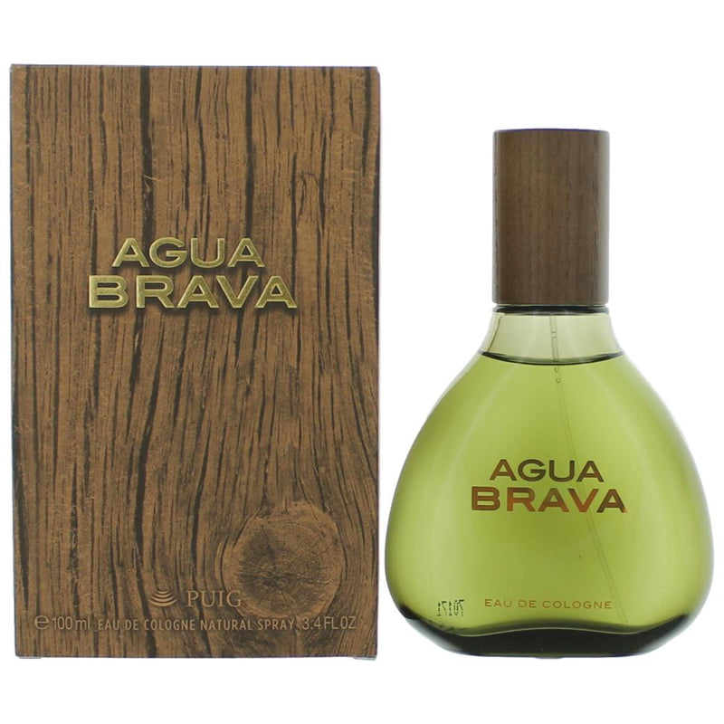 Agua Brava by Puig men's 3.4 oz Eau De Cologne spray, featuring a sleek bottle design for masculine fragrance.