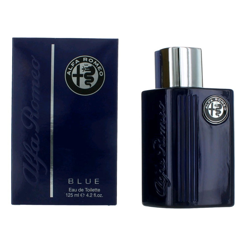 Alfa Romeo Blue men's 4.2 oz EDT spray bottle with sleek packaging, showcasing the Alfa Romeo brand.
