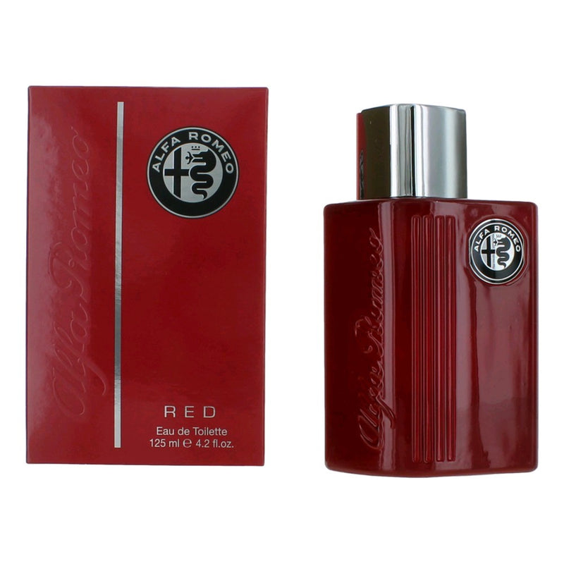 Alfa Romeo Red men's 4.2 oz EDT spray bottle with a sleek red design, featuring the Alfa Romeo logo on the label.