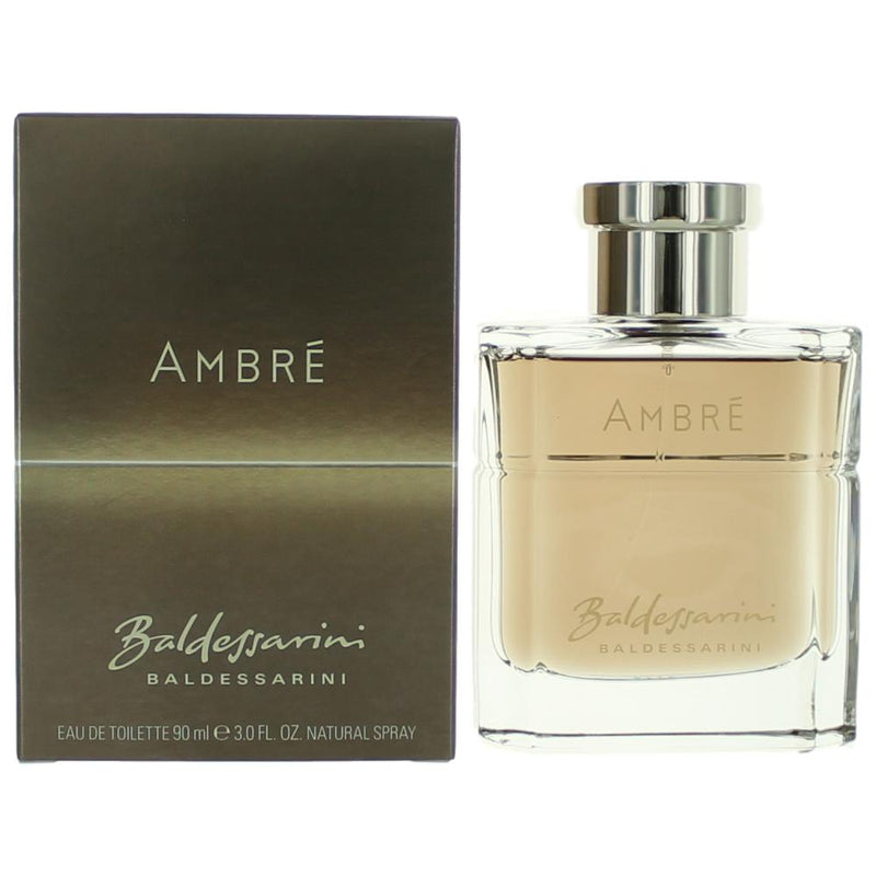 Baldessarini Ambre 3 oz men's EDT spray bottle with elegant packaging, showcasing the fragrance's sophisticated design.