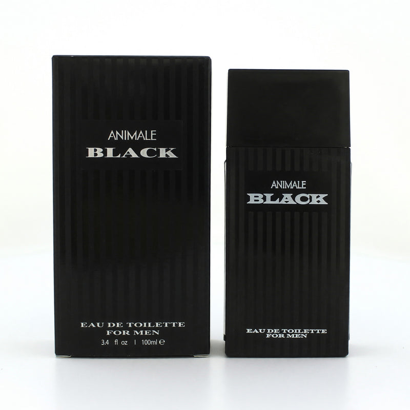 Animale Black men's 3.4 oz EDT spray bottle with black and silver packaging, showcasing the Animale Black fragrance for men.