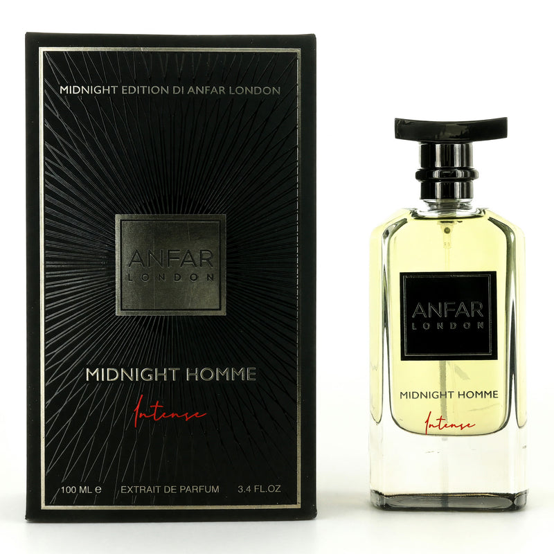 Anfar London Midnight Intense 3.4oz men’s extrait de parfum spray bottle, sleek black packaging with silver accents.