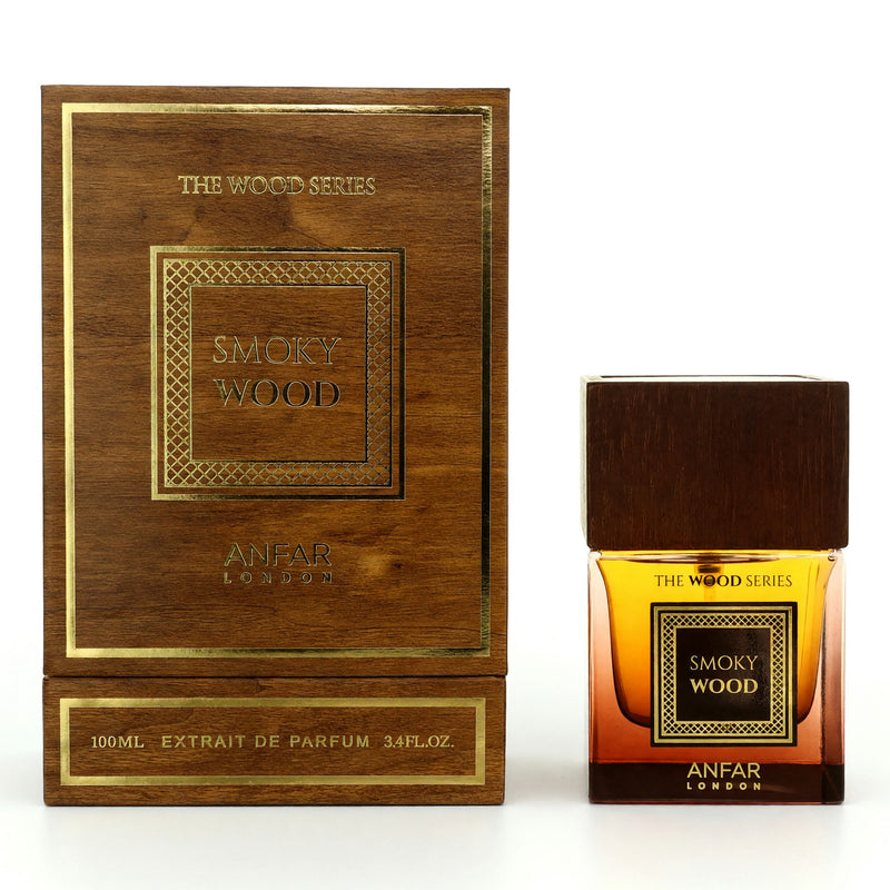 Smoky Wood by Anfar The Wood Series 3.4oz extrait de parfum spray for men, featuring a dark, elegant glass bottle with a sleek design.