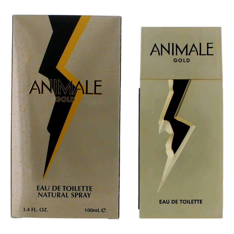 Animale Gold men's 3.4 oz EDT spray bottle with sleek gold packaging and clear label, showcasing the Animale brand.