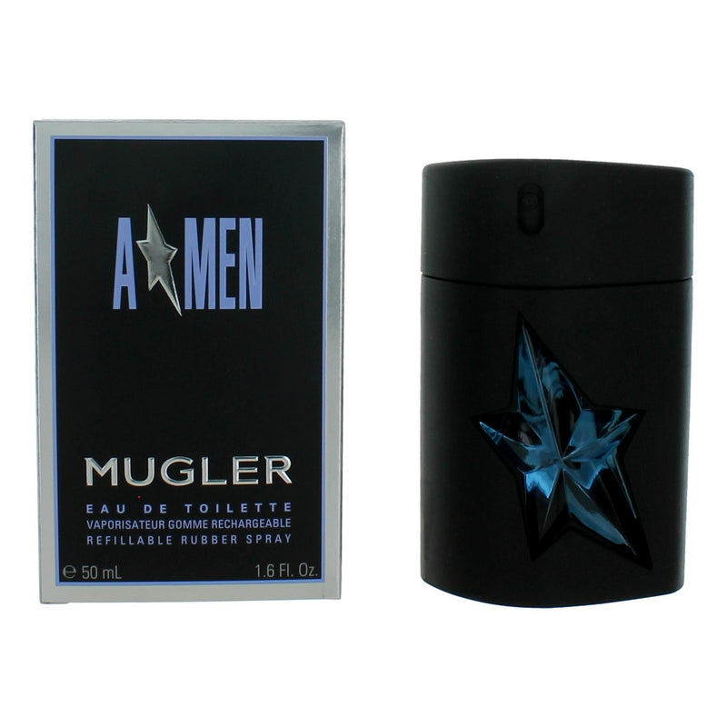 Refillable 1.6oz Thierry Mugler Angel A*men men's EDT spray with black rubber cap and sleek packaging.