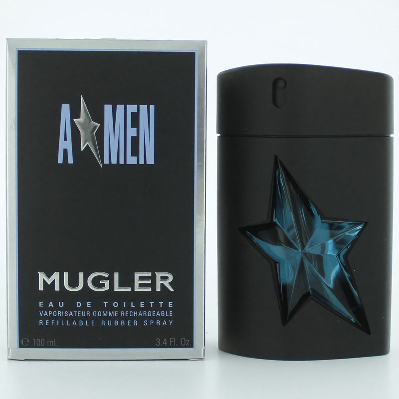 Thierry Mugler Angel A*Men 3.4oz EDT refillable rubber spray bottle for men, shown with sleek design and spray nozzle.