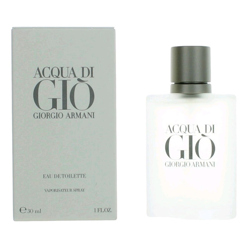 Giorgio Armani Acqua Di Gio 1 oz men's EDT spray bottle with sleek design and silver cap.