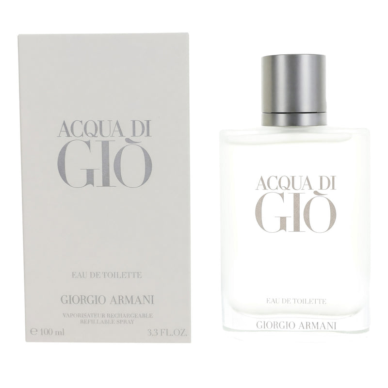 Giorgio Armani Acqua Di Gio 3.4 oz men's EDT spray bottle with clear glass and silver cap.