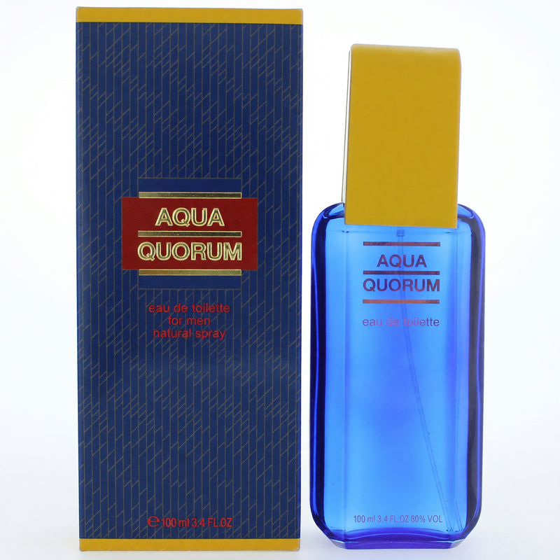 Aqua Quorum by Puig men's 3.4 oz EDT spray bottle, featuring sleek packaging and a silver cap.