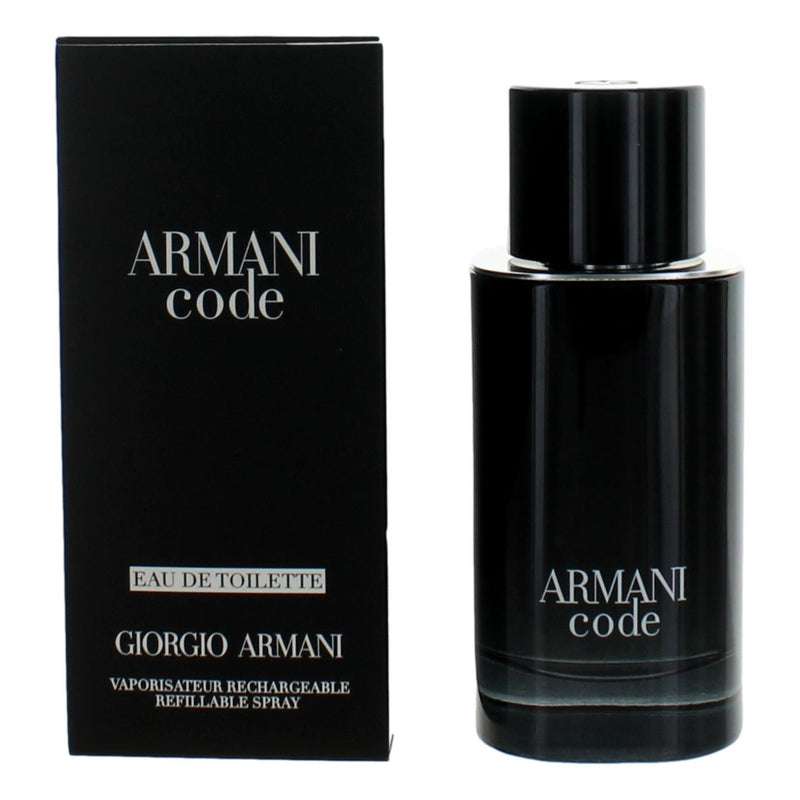 Giorgio Armani Armani Code 2.5 oz men's EDT refillable spray bottle, sleek design and elegant packaging.