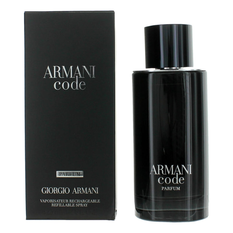 Giorgio Armani Armani Code 4.2 oz men's parfum spray featuring sleek bottle design and elegant packaging.