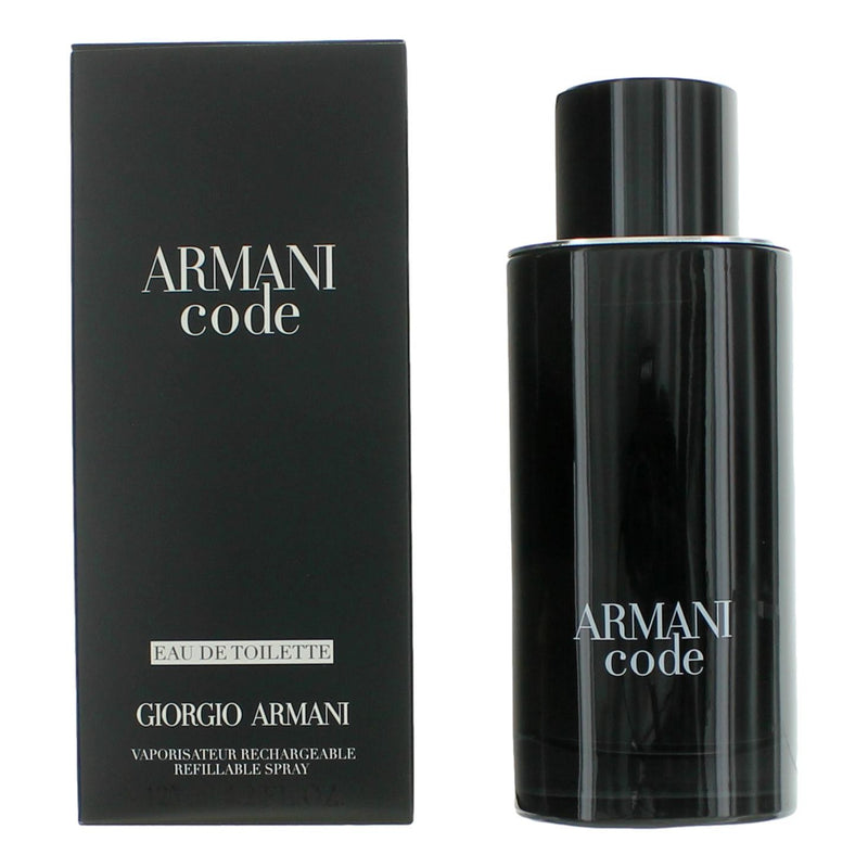 Giorgio Armani Armani Code 4.2 oz men's EDT refillable spray bottle, sleek design and label visible in the image.