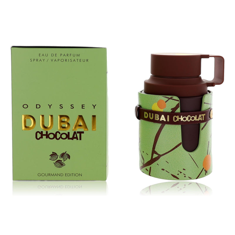 Odyssey Dubai Chocolate by Armaf unisex 3.4 oz EDP spray bottle, showcasing the fragrance packaging and design.