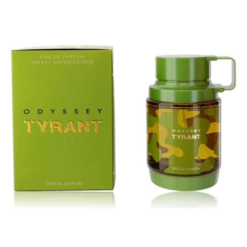 Armaf Odyssey Tyrant men's 3.4 oz Eau de Parfum spray bottle with sleek design and silver accents.