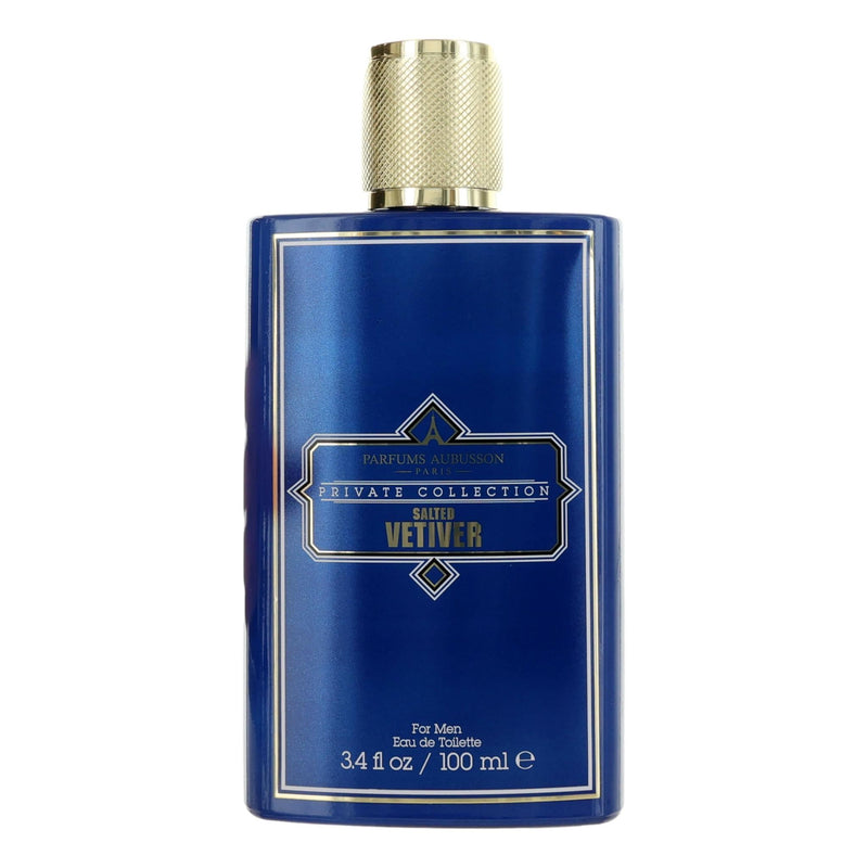 Aubusson Salted Vetiver 3.4 oz men's EDT spray bottle with a sleek design, showcasing the fragrance product.