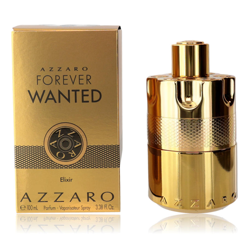 Azzaro Forever Wanted Elixir men's parfum spray bottle, 3.3 oz, with sleek packaging and elegant design.