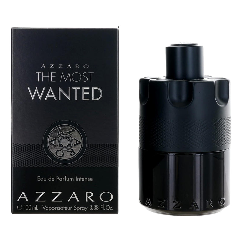 Azzaro The Most Wanted 3.3 oz men's EDP Intense spray bottle, sleek design with dark and gold accents.