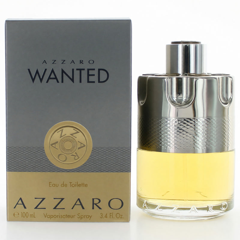 Azzaro Wanted by Azzaro men's 3.4 oz EDT spray bottle with sleek design and clear label, positioned on a neutral background.