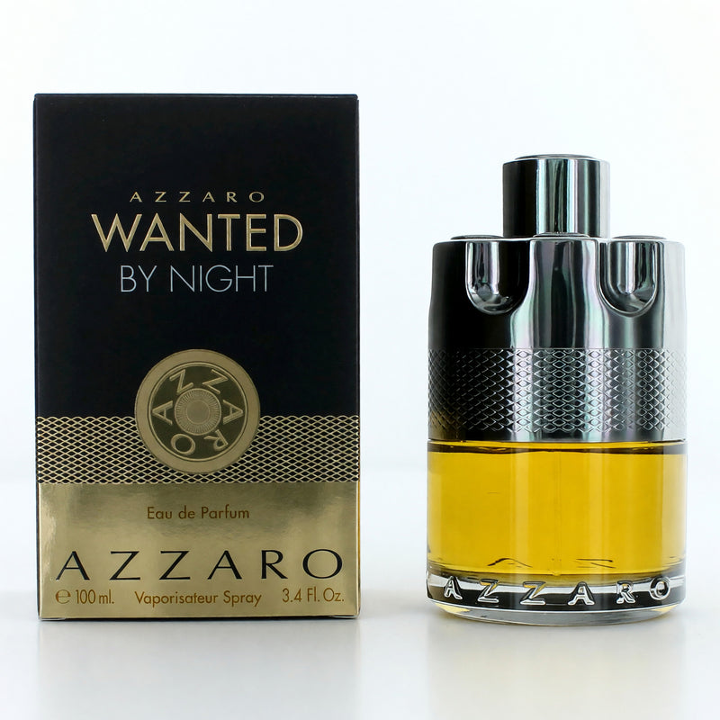 Azzaro Wanted By Night men's 3.4 oz Eau de Parfum spray bottle with sleek black design.