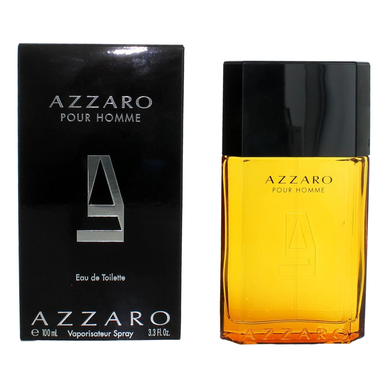 Azzaro by Azzaro men's 3.3 oz EDT spray bottle with sleek, silver packaging and clear branding, displayed on a neutral background.