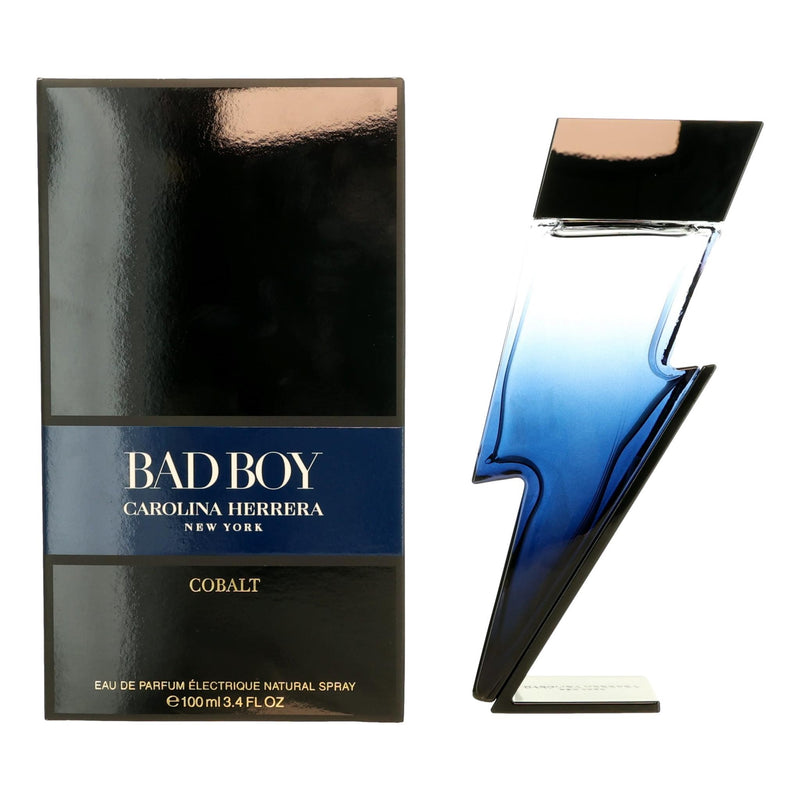 Carolina Herrera Bad Boy Cobalt 3.4oz men's EDP electric spray bottle with dark blue packaging and sleek design.