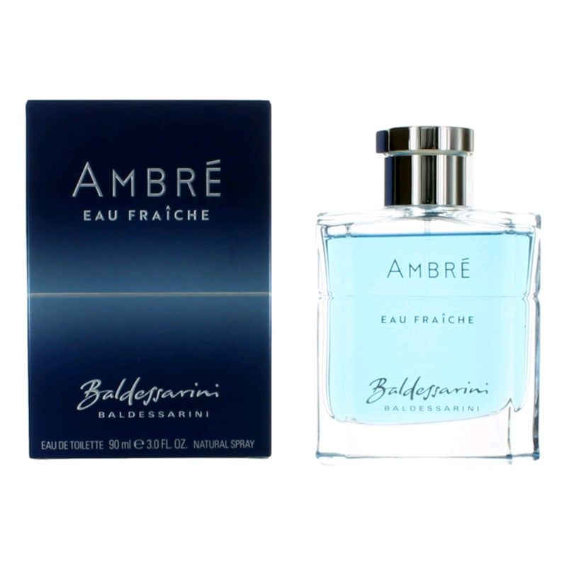 Baldessarini Ambre Eau Fraiche 3 oz men's EDT spray bottle with sleek design and branding visible.