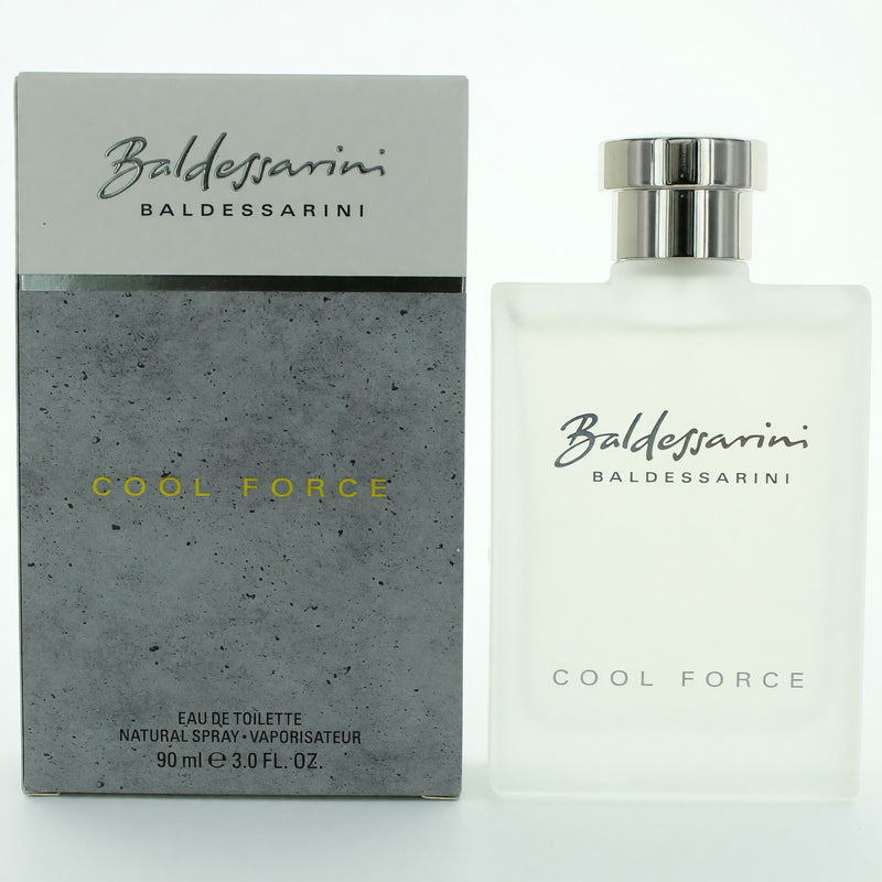 Baldessarini Cool Force men’s 3 oz EDT spray bottle with sleek packaging and silver accents.
