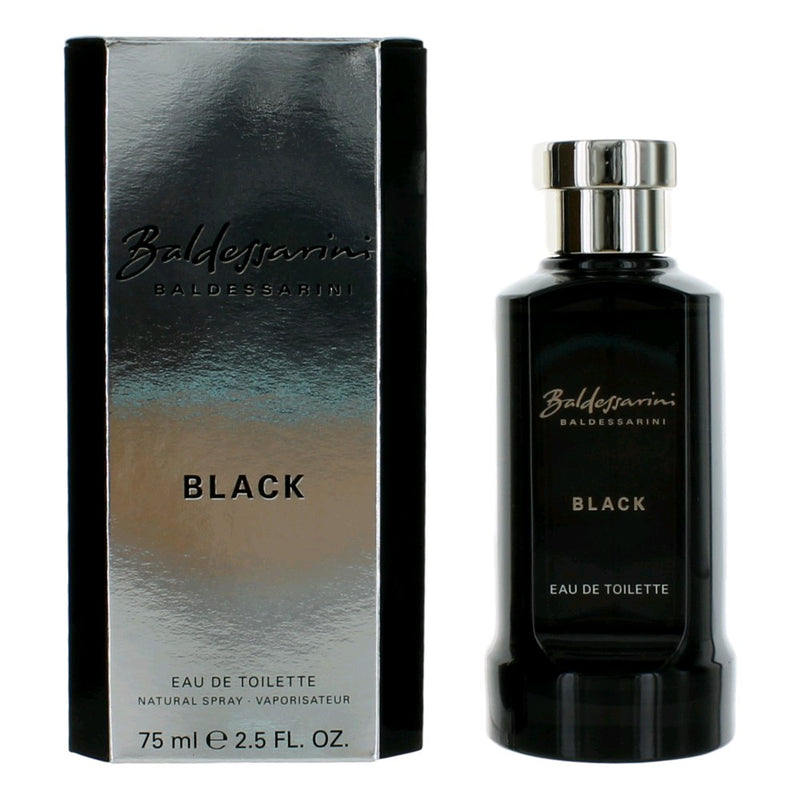 Baldessarini Black men's 2.5 oz EDT spray bottle with sleek black packaging and silver accents, ready for use.