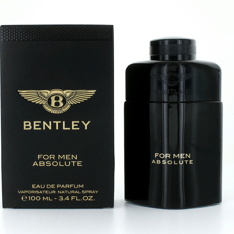 Bentley Absolute men's 3.4 oz Eau de Parfum spray bottle with sleek black design and silver accents.